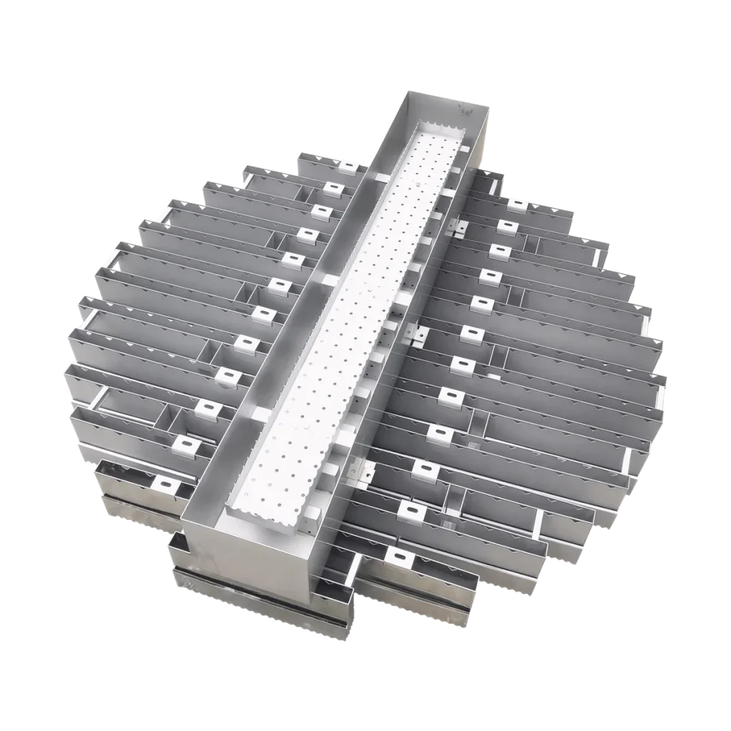 weir through distributor component for packing liquid distributor column internals system